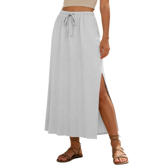 Nmnitkp Women's Elastic Drawstring High Waist Linen Blend Maxi Skirt, Side Slit Flowy Casual Skirt for Spring Summer Vacation, Beach & Daily WearWhite,L