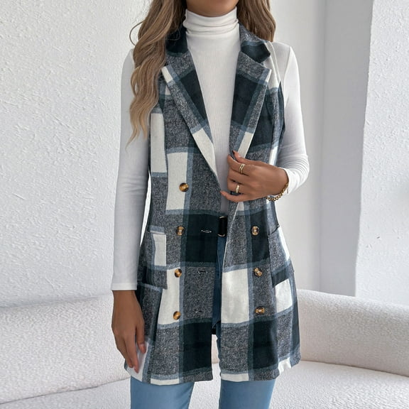 Nmnitkp Women's Fall Flannel Plaid Vest Tops - Sleeveless Long Single Breasted Casual Fashion Jackets With Pockets Navy,S