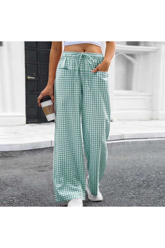 Women's Gingham Wide Leg Pants, High Waisted Drawstring Elastic Waist Casual Trousers with Pockets, Trendy Y2K Plaid Loose Fit Summer Lounge Pants Green,S