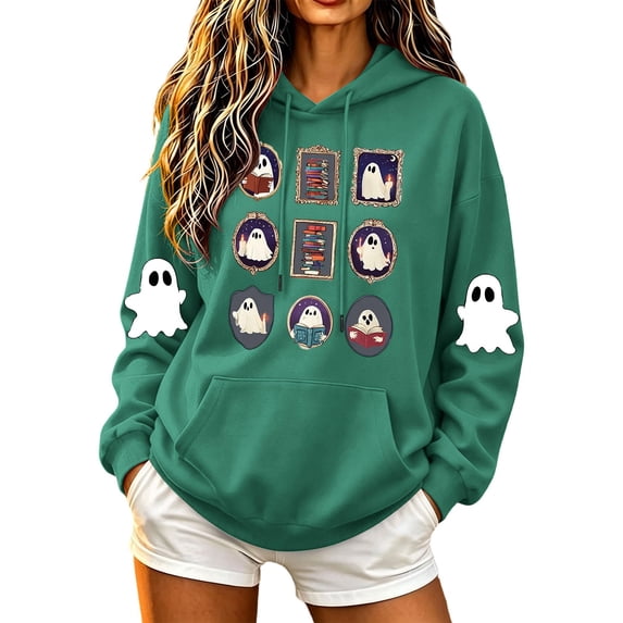 Nmnitkp Women's Halloween Hoodie Sweatshirt Vintage Frame Ghost Grid Print Oversized Long Sleeve Pullover with Kangaroo Pocket Fall Spooky Tops for Party Daily Wear Green,M