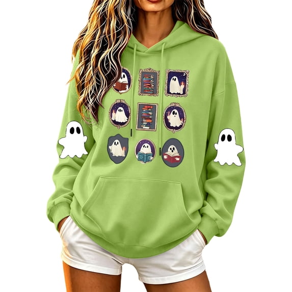 Nmnitkp Women's Halloween Hoodie Sweatshirt Vintage Frame Ghost Grid Print Oversized Long Sleeve Pullover with Kangaroo Pocket Fall Spooky Tops for Party Daily Wear Army Green,L