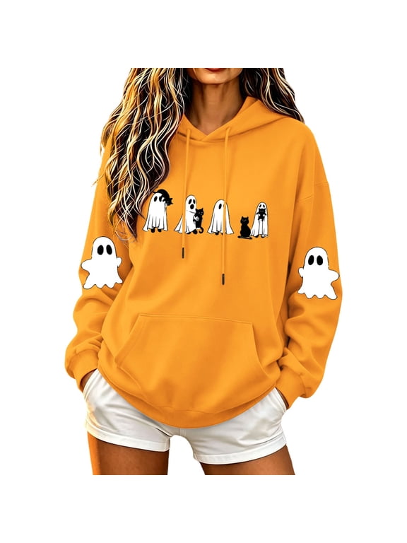 Women's Halloween Hoodie Sweatshirt Vintage Frame Ghost Grid Print Oversized Long Sleeve Pullover with Kangaroo Pocket Fall Spooky Tops for Party Daily Wear Orange,S