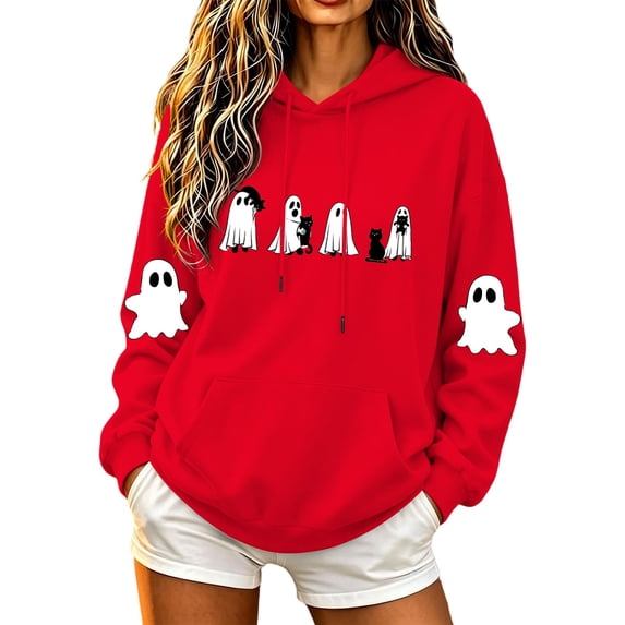 Nmnitkp Women's Halloween Hoodie Sweatshirt Vintage Frame Ghost Grid Print Oversized Long Sleeve Pullover with Kangaroo Pocket Fall Spooky Tops for Party Daily Wear Red,M