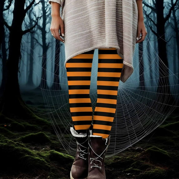 Nmnitkp Women's Halloween Striped Print Leggings Sports Fitness Pants Solid Colored Casual Tight Fitting Tight Peach Hip Yoga Pants Stretch Pants Orange,3XL
