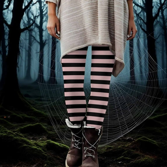 Nmnitkp Women's Halloween Striped Print Leggings Sports Fitness Pants Solid Colored Casual Tight Fitting Tight Peach Hip Yoga Pants Stretch Pants Pink,M