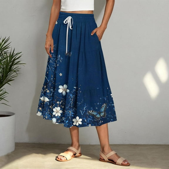 Nmnitkp Women's High Elastic Waist Midi Skirt Casual Summer Trendy Tie Front Flowy Ruffle Floral Print A line Skirts Navy,2XL