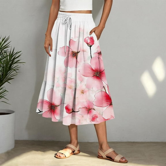 Nmnitkp Women's High Elastic Waist Midi Skirt Casual Summer Trendy Tie Front Flowy Ruffle Floral Print A line Skirts Pink,S