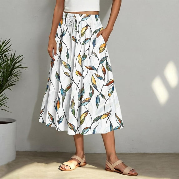 Nmnitkp Women's High Elastic Waist Midi Skirt Casual Summer Trendy Tie Front Flowy Ruffle Floral Print A line Skirts White,XL