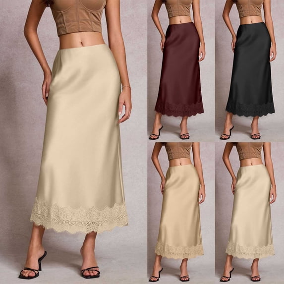 Nmnitkp Women's High Waist Satin Lace Trim Hem Midi Skirt, Elegant Solid A-Line Slip Skirt for Wedding Guest, Party, Work & Daily WearBeige,S