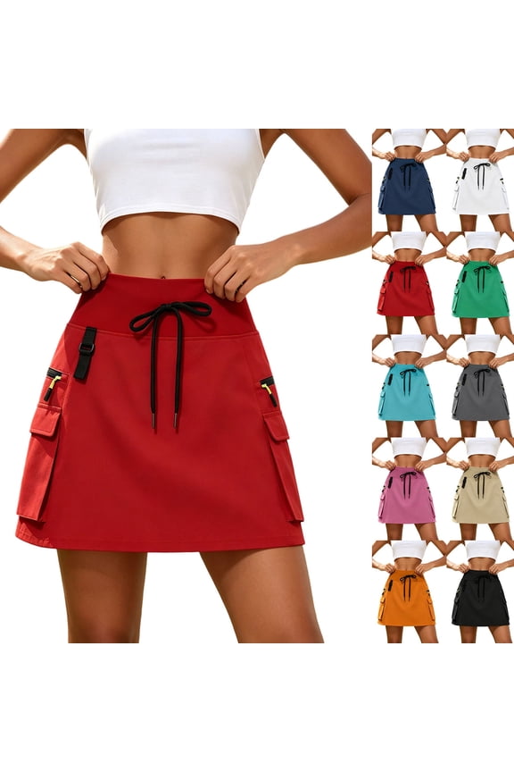 Women's High Waisted Drawstring Cargo Skort, Athletic Tennis Skirt with Multi Pockets, for Golf Hiking Outdoor & Casual WearRed,S