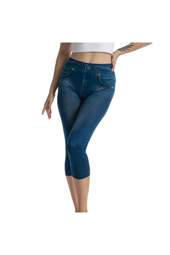 Women's High Waisted Stretchy Capri Jeggings Pants Tummy Control Pull on Skinny Denim Jean Leggings with Pockets