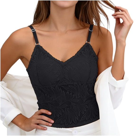 Nmnitkp Women's Lace Cami Tops with Built-in Pads, Solid Color Midi Length Tank Tops, Adjustable Strap Slimming Layering Tops for Daily Wear & Versatile Styling Black,L