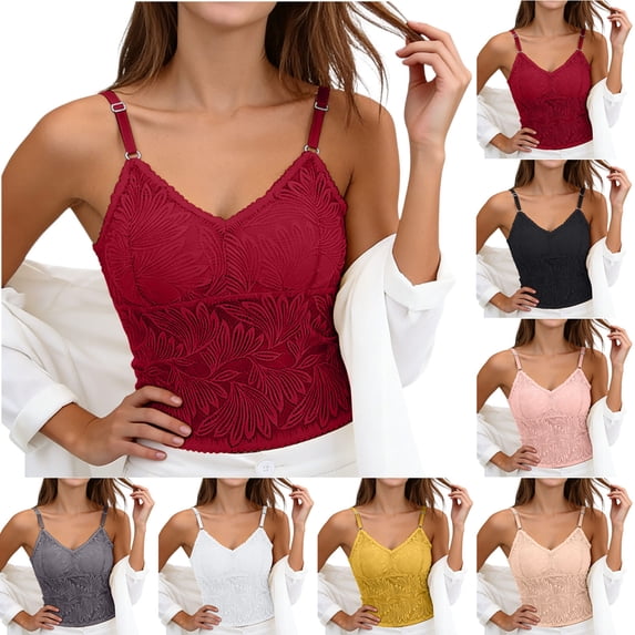Nmnitkp Women's Lace Cami Tops with Built-in Pads, Solid Color Midi Length Tank Tops, Adjustable Strap Slimming Layering Tops for Daily Wear & Versatile Styling Red,L