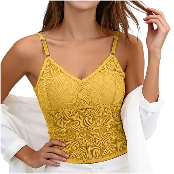 Nmnitkp Women's Lace Cami Tops with Built-in Pads, Solid Color Midi Length Tank Tops, Adjustable Strap Slimming Layering Tops for Daily Wear & Versatile Styling Yellow,L