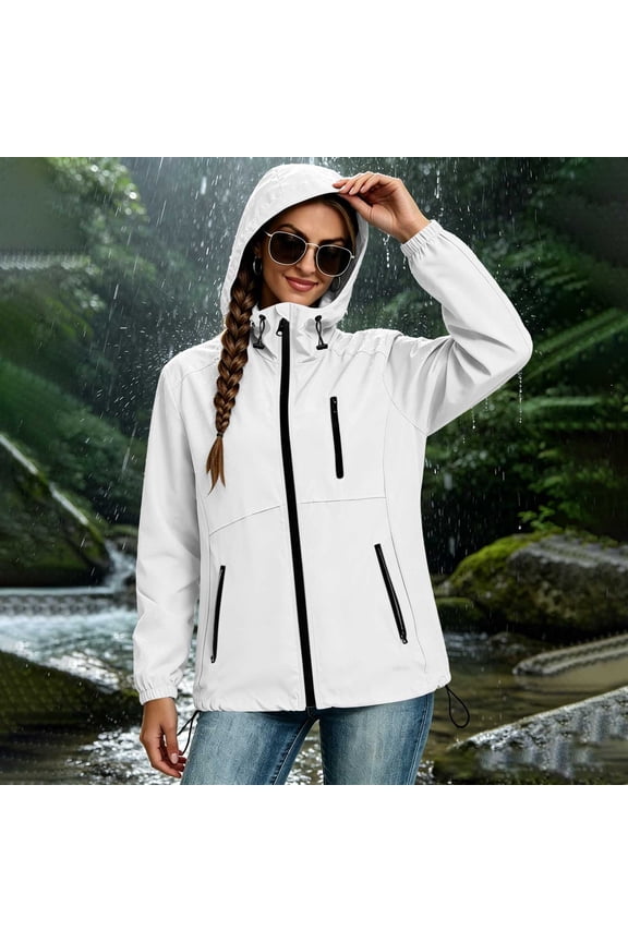Women's Lightweight UPF 50+ Waterproof Hooded Windbreaker Jacket, Drawstring Coat for Hiking, Outdoor, Travel & Daily Wear White,L