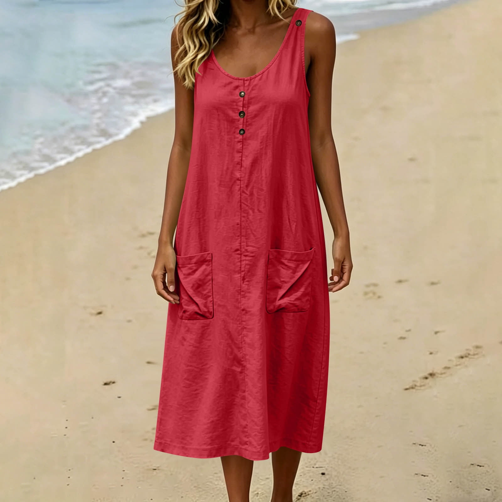 cotton sleeveless midi dress Nmnitkp Women's Linen Cotton Sleeveless Midi Dress, Round Neck Button Front  Loose Tank Dress with Pockets, Casual Summer Dress for Beach Vacation &