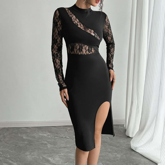Nmnitkp Women's Long Sleeve Bodycon Dress Square Neck Lace Patch Cocktail Party Dress Elegant Side Slit Midi Dress Black,L