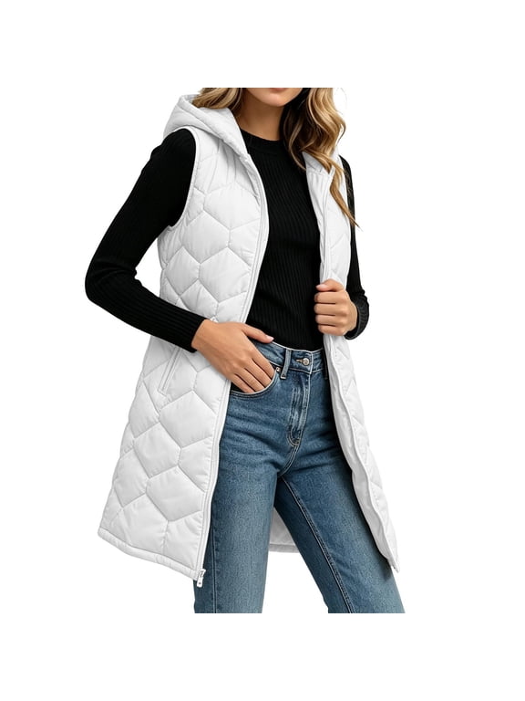 Women's Longline Puffer Vest Hooded Quilted Zip Up Sleeveless Jacket Lightweight Warm Winter Outerwear with Pockets Fall Fashion for Work Travel Casual Wear White,S