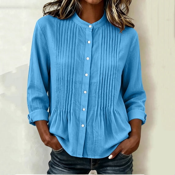 Nmnitkp Women's Mandarin Collar Pleated Front Button Down Shirt Cotton Linen Roll Up Long Sleeve Loose Casual Blouse for Fall Work Office Daily Wear Blue,M