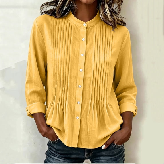 Nmnitkp Women's Mandarin Collar Pleated Front Button Down Shirt Cotton Linen Roll Up Long Sleeve Loose Casual Blouse for Fall Work Office Daily Wear Yellow,S