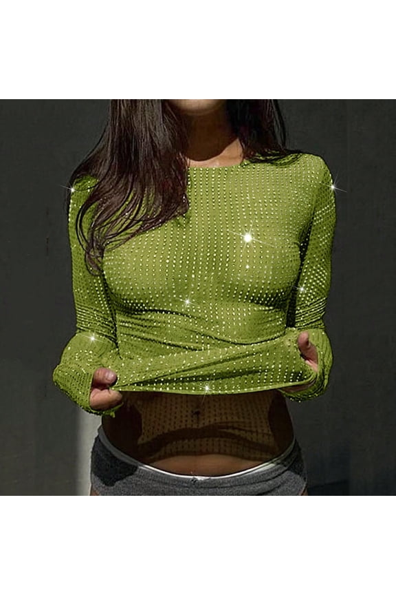 Women's Mesh Tops Shirts Long Sleeve Bodycon Sheer Blouse Clubwear Green,S
