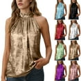 thumbnail image 1 of Nmnitkp Women's Metallic Halter Tank Tops, Sleeveless High Neck Pleated Party Blouses, Shiny Solid Color Versatile Tops for Club Night, Date Night & Layering Gold,S, 1 of 9
