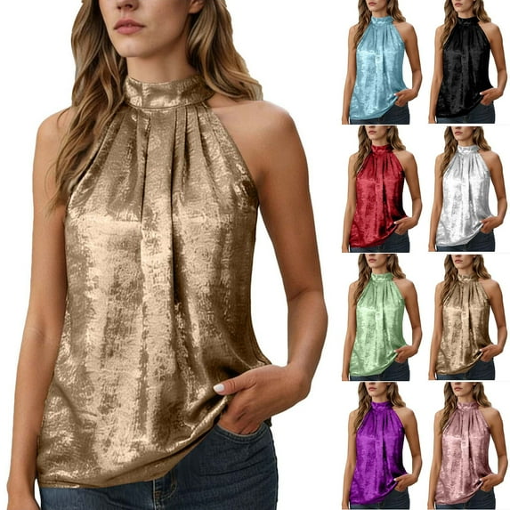 Nmnitkp Women's Metallic Halter Tank Tops, Sleeveless High Neck Pleated Party Blouses, Shiny Solid Color Versatile Tops for Club Night, Date Night & Layering Gold,S