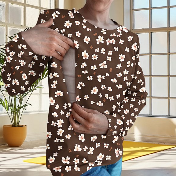 Nmnitkp Women's Nursing Tops Crew Neck Long Sleeve Breastfeeding Shirt,Nursing Sweatshirt Brown,S