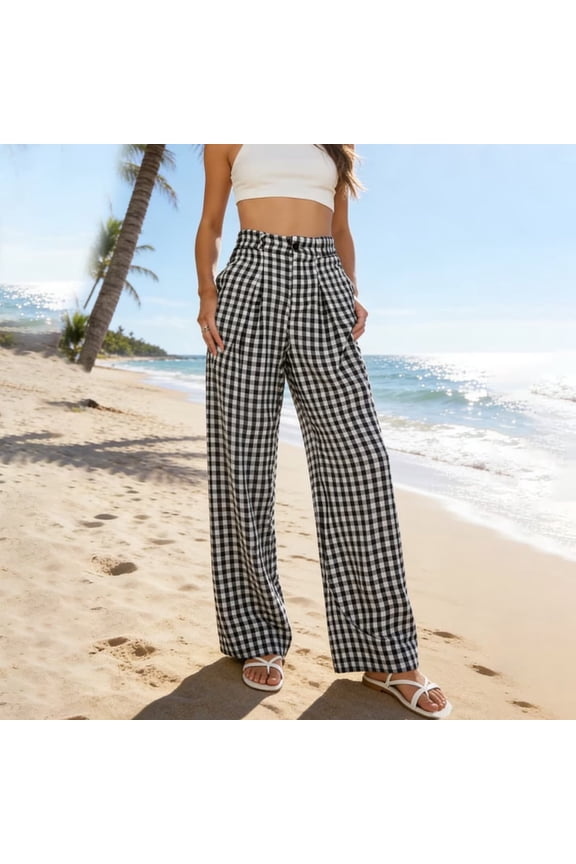 Women's Pants Gingham Wide Leg Pants, High Waisted Elastic Waist Casual Trousers with Pockets, Trendy Y2K Plaid Loose Fit Summer Beach Vacation Pants Black,S