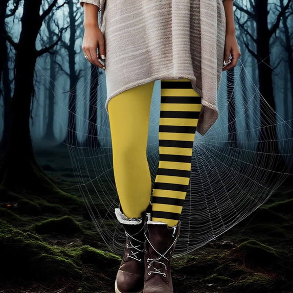 Nmnitkp Women's Pants Halloween Striped Print Leggings Sports Fitness Pants Casual Tight Fitting Tight Peach Hip Yoga Pants Stretch Pants Yellow,2XL