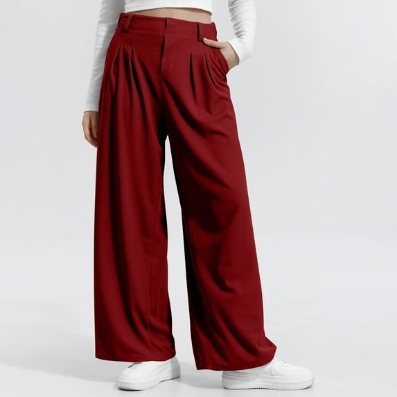 Nmnitkp Women's Pants Solid Color Hanging High Waist Wide Leg Versatile Casual Loose Pants Wine,XS