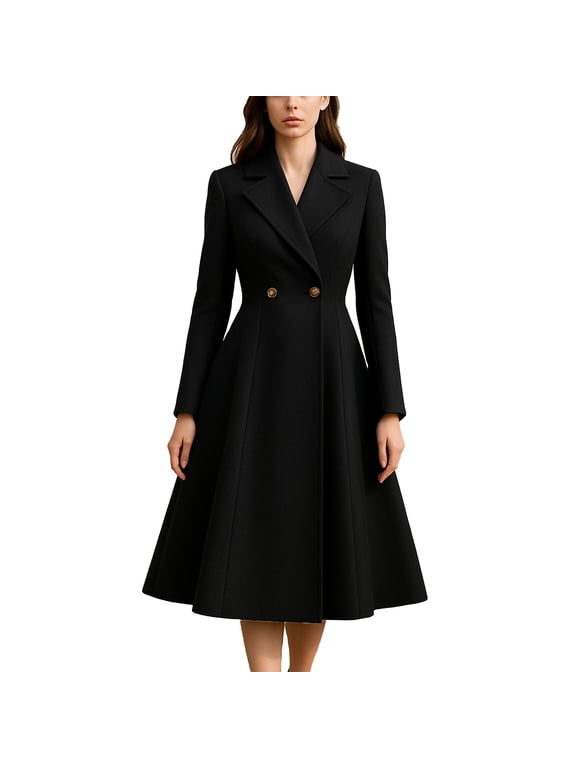 Women's Pea Coat Double Breasted A Line Long Trench Coat Winter Dress Coat with Pockets Black,2XL