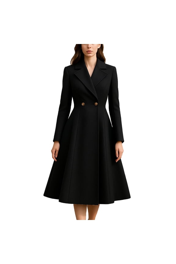 Women's Pea Coat Double Breasted A Line Long Trench Coat Winter Dress Coat with Pockets Black,2XL