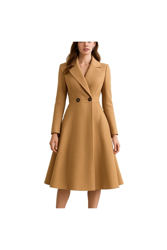 Women's Pea Coat Double Breasted A Line Long Trench Coat Winter Dress Coat with Pockets Khaki,M