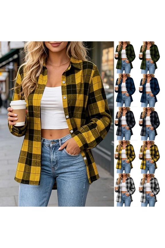 Women's Plaid Flannel Shacket Long Sleeve Button Down Collared Loose Fit Lightweight Shirt Jacket for Fall Layering Casual Daily Wear Yellow,S