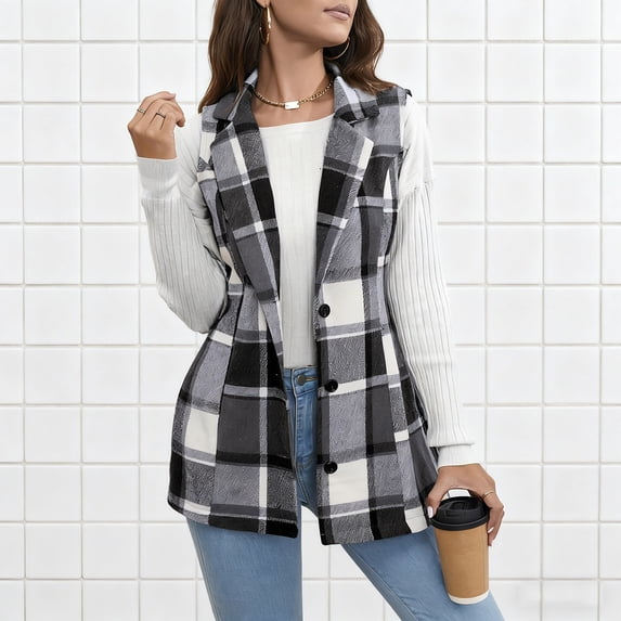 Nmnitkp Women's Plaid Vest Coat Casual Button Front Sleeveless Blazer Jacket Outerwear Dark Gray,L