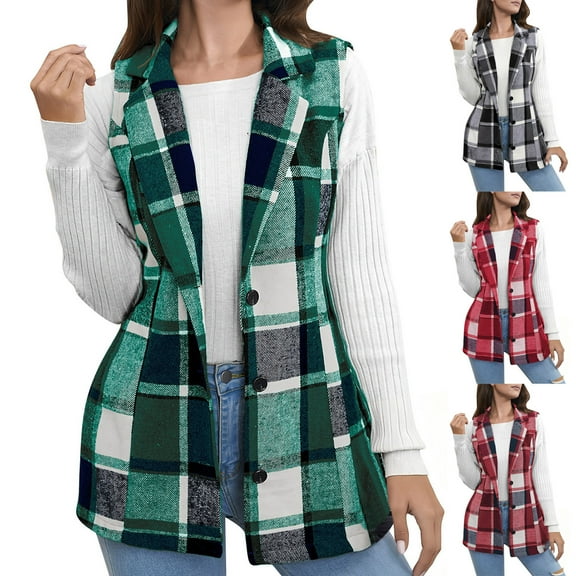 Nmnitkp Women's Plaid Vest Coat Casual Button Front Sleeveless Blazer Jacket Outerwear Green,L