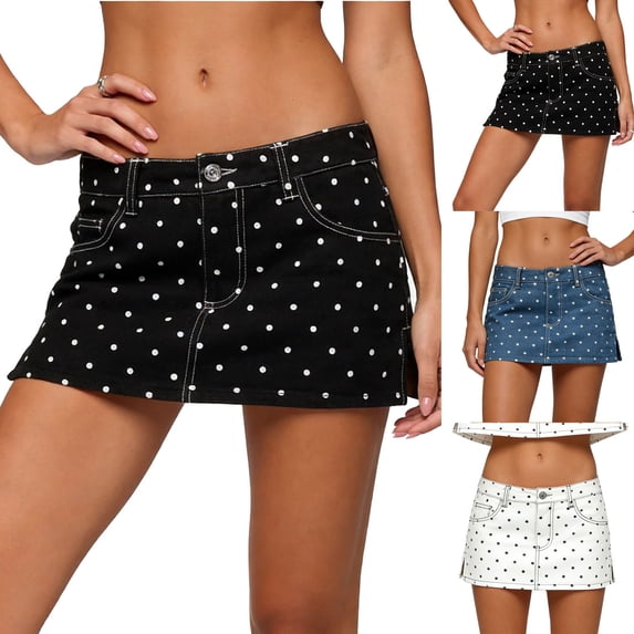 Nmnitkp Women's Polka Dot Denim Mini Skirt, Button Zipper Jean Skirt with Pockets & Side Slit, Casual Streetwear Skirt for Daily, Night Out & VacationBlack,S