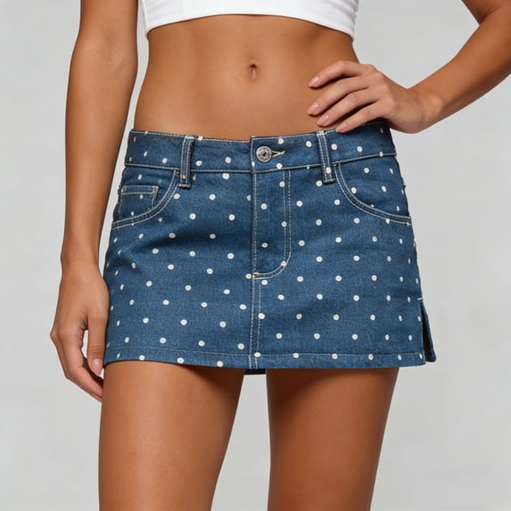 Nmnitkp Women's Polka Dot Denim Mini Skirt, Button Zipper Jean Skirt with Pockets & Side Slit, Casual Streetwear Skirt for Daily, Night Out & VacationBlue,S