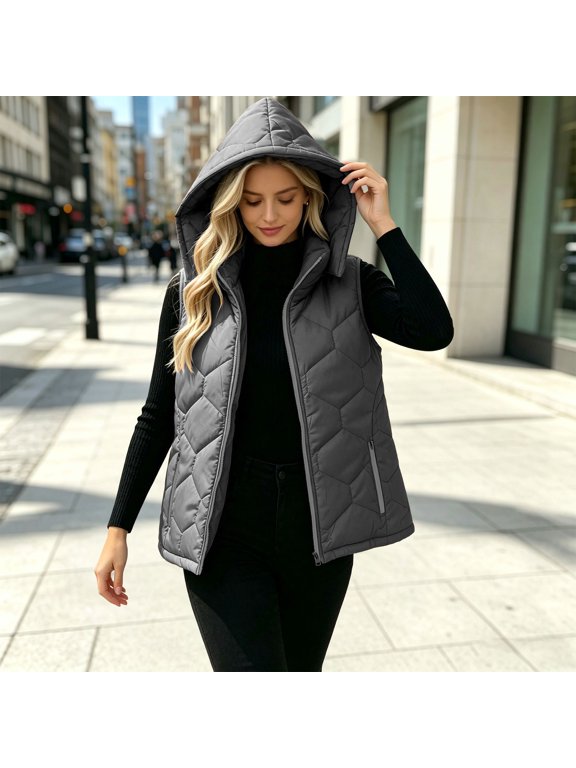 Women's Quilted Puffer Vest Removable Hood Zip Up Sleeveless Jacket Lightweight Warm Winter Outerwear with Pockets Fall Fashion for Work Travel Wear Gray,M