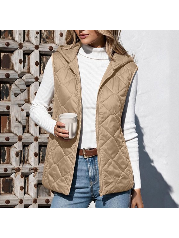 Women's Quilted Vest Hooded Zip Up Sleeveless Puffer Jacket Lightweight Warm Diamond Quilted Outerwear with Pockets Fall Winter Fashion for Work Travel Outdoor Khaki,S