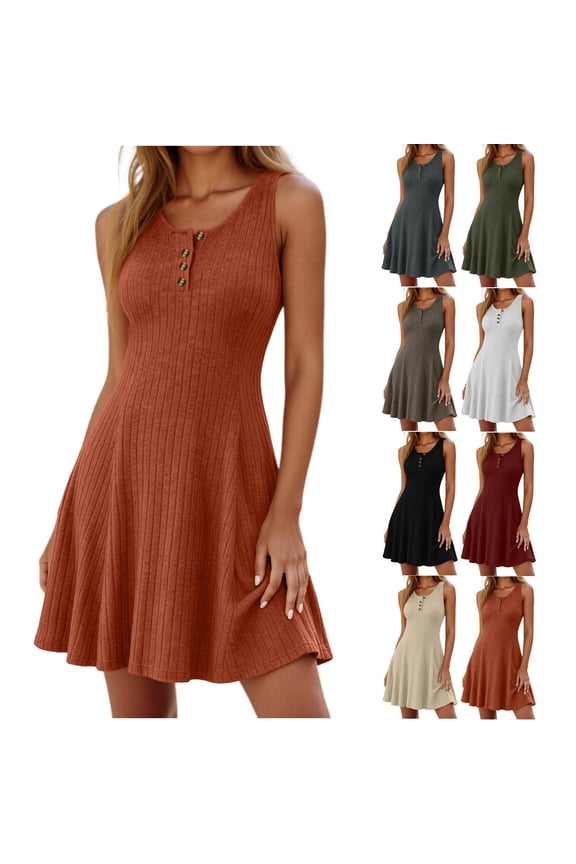 Women's Ribbed Knit Sleeveless Mini Dress, Round Neck Henley Button Flare A Line Casual Summer Dress for Daily Wear, Vacation & Party Orange,S