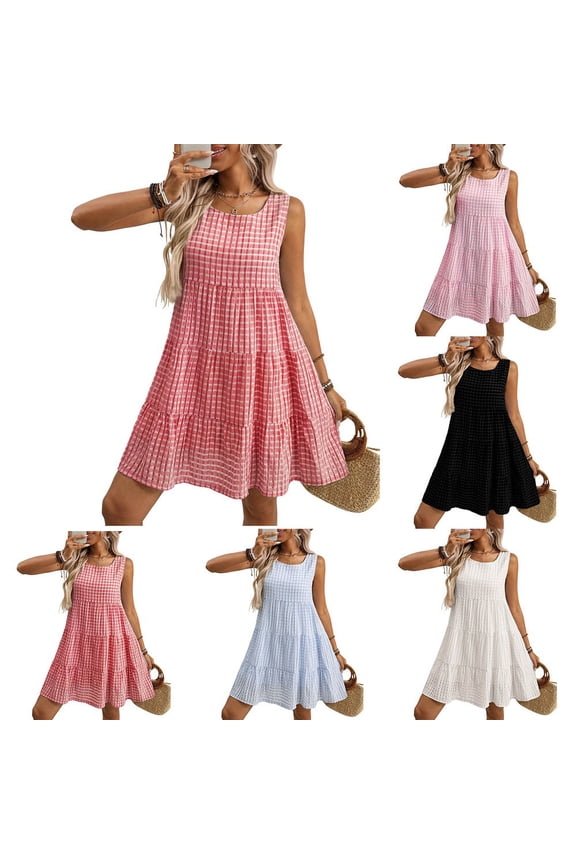 Women's Round Neck Gingham Sleeveless Tiered Mini Dress, Lightweight Casual Plaid Summer Dress for Beach, Vacation & Daily Wear Red,S