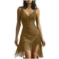 thumbnail image 1 of Nmnitkp Women's Ruched Bodycon Dress V Neck Tank Suede Mini Dress Elegant Loose Fringe Fitted Cocktail Party Dresses S-XXL, 1 of 7
