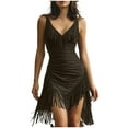 thumbnail image 1 of Nmnitkp Women's Ruched Bodycon Dress V Neck Tank Suede Mini Dress Elegant Loose Fringe Fitted Cocktail Party Dresses S-XXL, 1 of 7