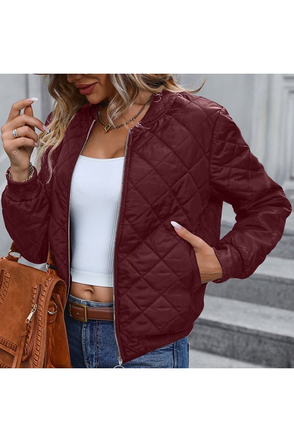 Women's Ruffle Collar Quilted Lightweight Puffer Jacket Long Sleeve Casual Cardigan Padded Coat for Autumn Winter Wine,S