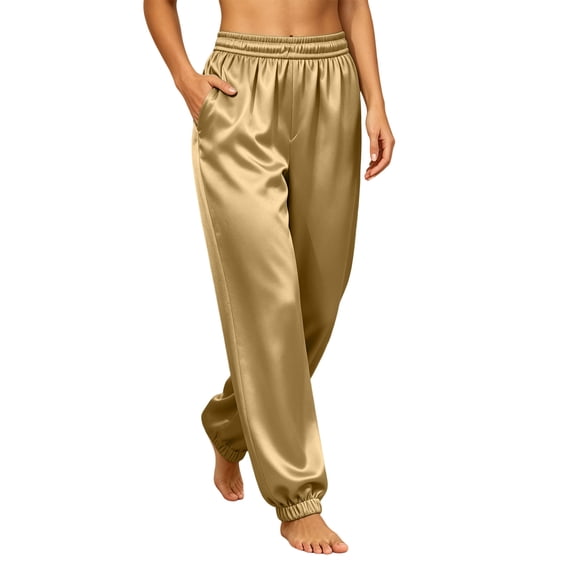 Nmnitkp Women's Satin Jogger Pants High Waisted Elastic Pull On Silky Lounge Pants with Side Pockets Casual Sleep Pajama Pants for Loungewear Sleepwear Daily WearGold,M