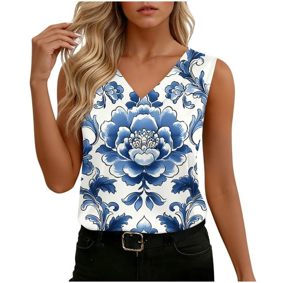 Nmnitkp Women's Satin V Neck Sleeveless Tank Tops, Watercolor Leaf Print Casual Blouses, Loose Fit Summer Tops for Daily Commute & Office Layering White,2XL