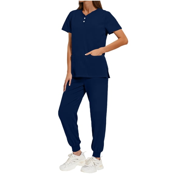 Nmnitkp Women's Scrubs Set Short Sleeve V-Neck Button Top Drawstring Jogger Pants Side Slit Pockets Four-Way Stretch Moisture-Wicking Antimicrobial Caregiver Nursing Medical Uniforms Sky Blue,L