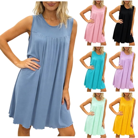 Nmnitkp Women's Sleeveless Pleated Loose Fit Nightgown, Soft Breathable Casual Loungewear, Lightweight Comfy Sleep Dress for Summer Blue,M